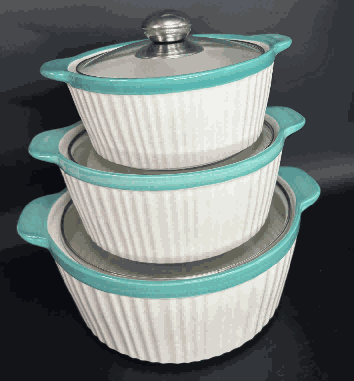 Green Vertical Ribbed Double-Handle Porcelain Soup Pot Set of 3