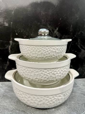 White Vine Scroll Relief Double-Handle Porcelain Soup Pot Set of 3