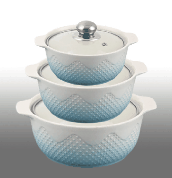 Blue & White Gradient Snowflake Relief Double-Handle Porcelain Soup Pot Set of 3
