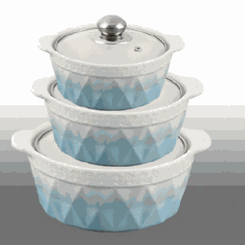 Blue & White Gradient Pyramid Texture Double-Handle Porcelain Soup Pot Set of 3