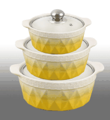Yellow & White Gradient Pyramid Texture Double-Handle Porcelain Soup Pot Set of 3
