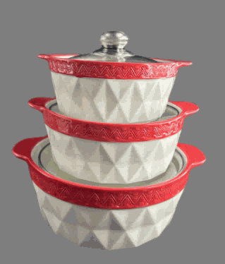 Red Pyramid Texture Double-Handle Porcelain Soup Pot Set of 3