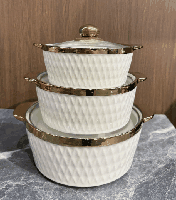 Metallic Electroplated Diamond Grid Texture Double-Handle Porcelain Soup Pot Set of 3
