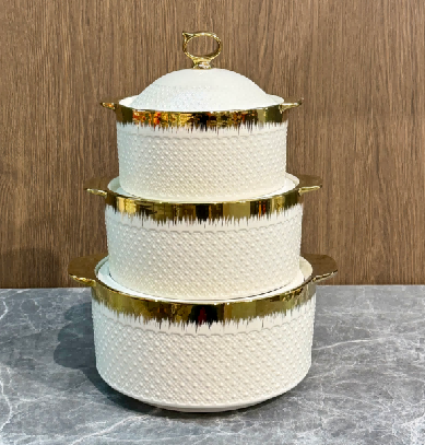 Brushed Gold Beaded Porcelain Double Handle Casserole with Ceramic Knob