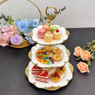 3-Tier White Ceramic Cake Stand with Gold Rim