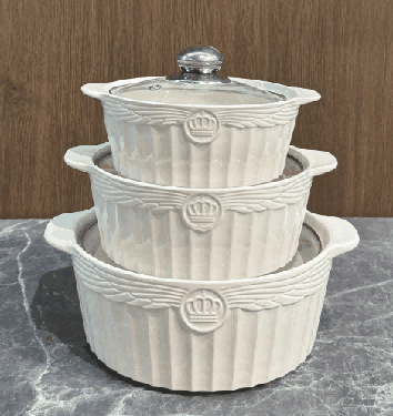 White Angel Relief Double-Handle Porcelain Soup Pot Set of 3