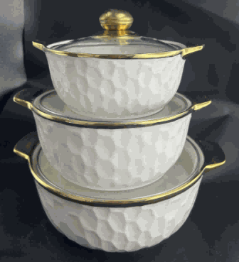 Metallic Electroplated Geometric Texture Double-Handle Porcelain Soup Pot Set of 3