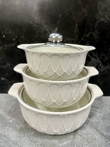 White Butterfly Relief Double-Handle Porcelain Soup Pot Set of 3