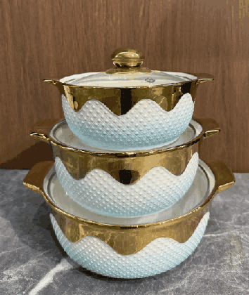 Yellow & White Electroplated Snowflake Relief Double-Handle Porcelain Soup Pot Set of 3