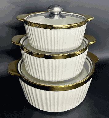 Metallic Electroplated Vertical Ribbed Double-Handle Porcelain Soup Pot Set of 3