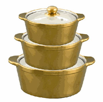 Full Gold-Plated Smooth Double-Handle Porcelain Soup Pot Set of 3