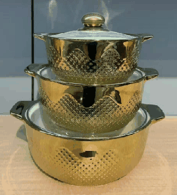 Full Gold-Plated Snowflake Relief Double-Handle Porcelain Soup Pot Set of 3