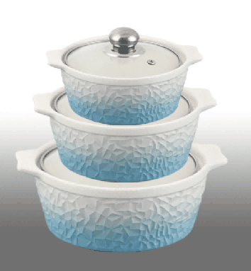 Blue & White Gradient Melon Texture Double-Handle Porcelain Soup Pot Set of 3