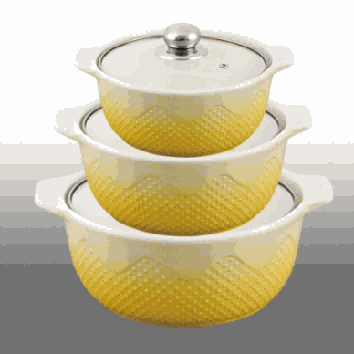 Yellow & White Gradient Snowflake Relief Double-Handle Porcelain Soup Pot Set of 3