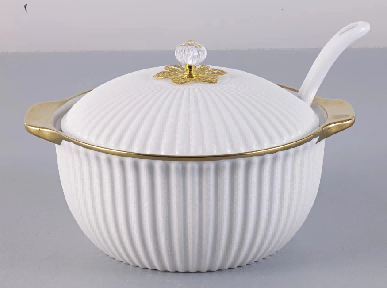 Metallic Striped Porcelain Ceramic Soup Pot with Spoon