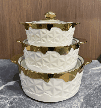 Metallic Electroplated Star Texture Double-Handle Porcelain Soup Pot Set of 3