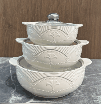 Metallic Electroplated Ginkgo Leaf Relief Double-Handle Porcelain Soup Pot Set of 3
