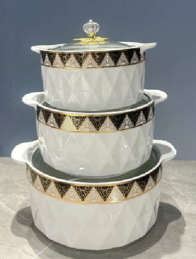 Set of 3 Gold Grid Porcelain Double Handle Casseroles
