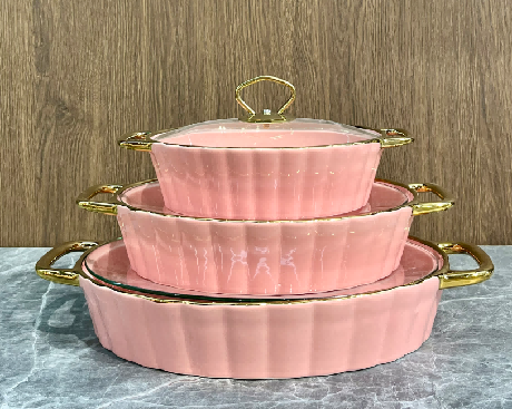 Set of 3 Pink Metallic Ribbed Porcelain Baking Dishes