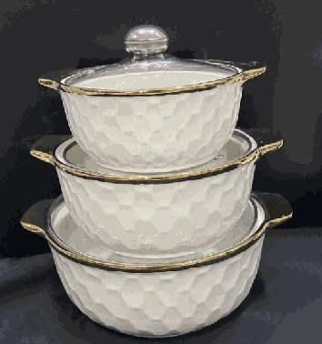 Metallic Electroplated Geometric Texture Double-Handle Porcelain Soup Pot Set of 3