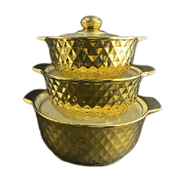 Metallic Electroplated Diamond Texture Double-Handle Porcelain Soup Pot Set of 3