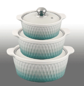 Green & White Gradient Diamond Grid Texture Double-Handle Porcelain Soup Pot Set of 3