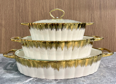 Set of 3 Metallic Ribbed Porcelain Baking Dishes