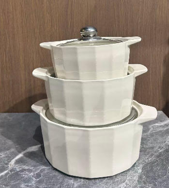 Set of 3 White Pumpkin-Ribbed Porcelain Soup Pots