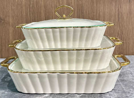 Set of 3 Metallic Ribbed Porcelain Baking Dishes