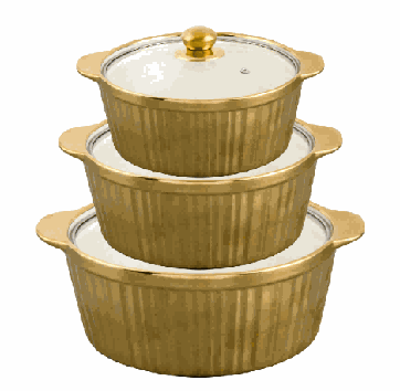 Full Gold-Plated Vertical Ribbed Double-Handle Porcelain Soup Pot Set of 3