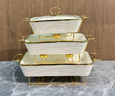Set of 3 Metallic Wave-Pattern Porcelain Baking Dishes with Metal Rack
