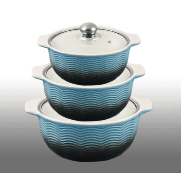 Blue Gradient Wave Texture Double-Handle Porcelain Soup Pot Set of 3