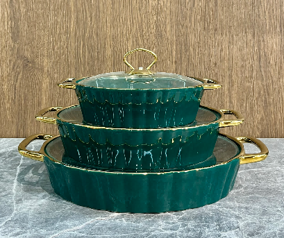 Set of 3 Green Metallic Ribbed Porcelain Baking Dishes