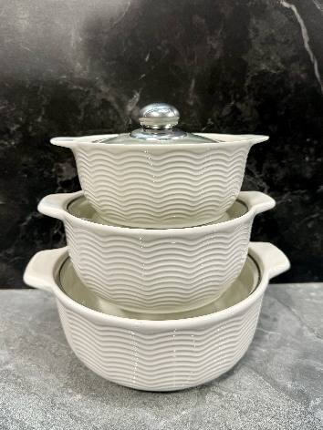 White Wave Texture Double-Handle Porcelain Soup Pot Set of 3