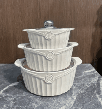 White Chain Relief Double-Handle Porcelain Soup Pot Set of 3