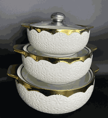 Metallic Electroplated Floral Petal Relief Double-Handle Porcelain Soup Pot Set of 3