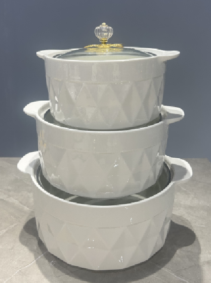 Set of 3 White Diamond Porcelain Double Handle Casseroles