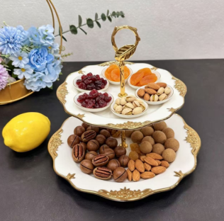 2-Tier White Ceramic Cake Stand with Gold Rim