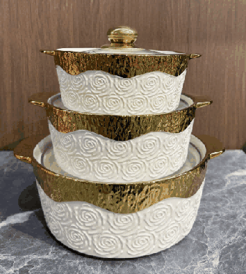 Metallic Electroplated Rose Relief Double-Handle Porcelain Soup Pot Set of 3