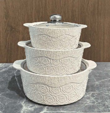 White Rose Relief Double-Handle Porcelain Soup Pot Set of 3