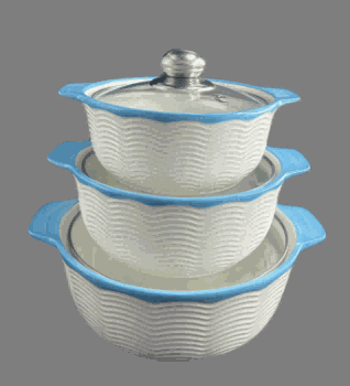 Blue Wave Texture Double-Handle Porcelain Soup Pot Set of 3
