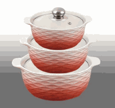 Red & White Gradient Wave-Inspired Texture Double-Handle Porcelain Soup Pot Set of 3