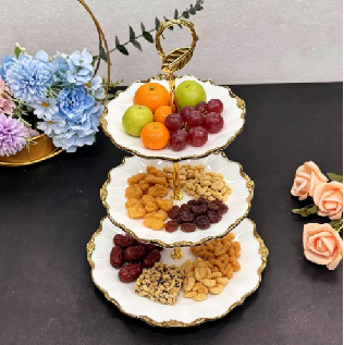 3-Tier White Ceramic Cake Stand with Gold Rim