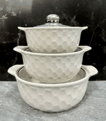 White Geometric Texture Double-Handle Porcelain Soup Pot Set of 3