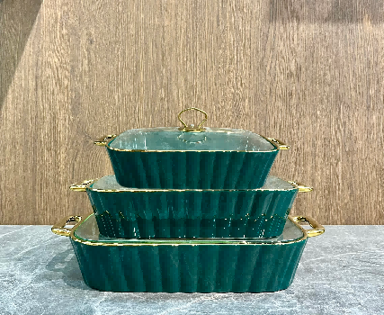Set of 3 Green Metallic Ribbed Porcelain Baking Dishes