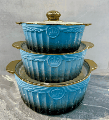 Blue Electroplated Angel Relief Double-Handle Porcelain Soup Pot Set of 3