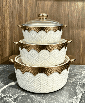 Metallic Electroplated Double-Handle Porcelain Soup Pot Set of 3