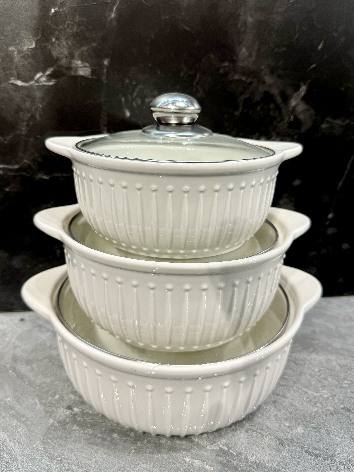 White Crown Relief Double-Handle Porcelain Soup Pot Set of 3