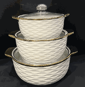 Metallic Electroplated Wave-Inspired Texture Double-Handle Porcelain Soup Pot Set of 3