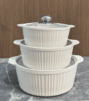 White Vertical Ribbed Double-Handle Porcelain Soup Pot Set of 3